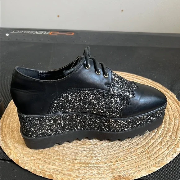 Black Glitter Platform Oxford  Funky Shoes Size 38 - Picture 5 of 14